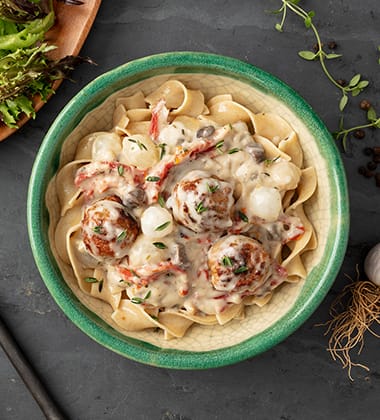 Image of meatball stroganoff soup made with campbell’s® healthy request® cream of mushroom soup
